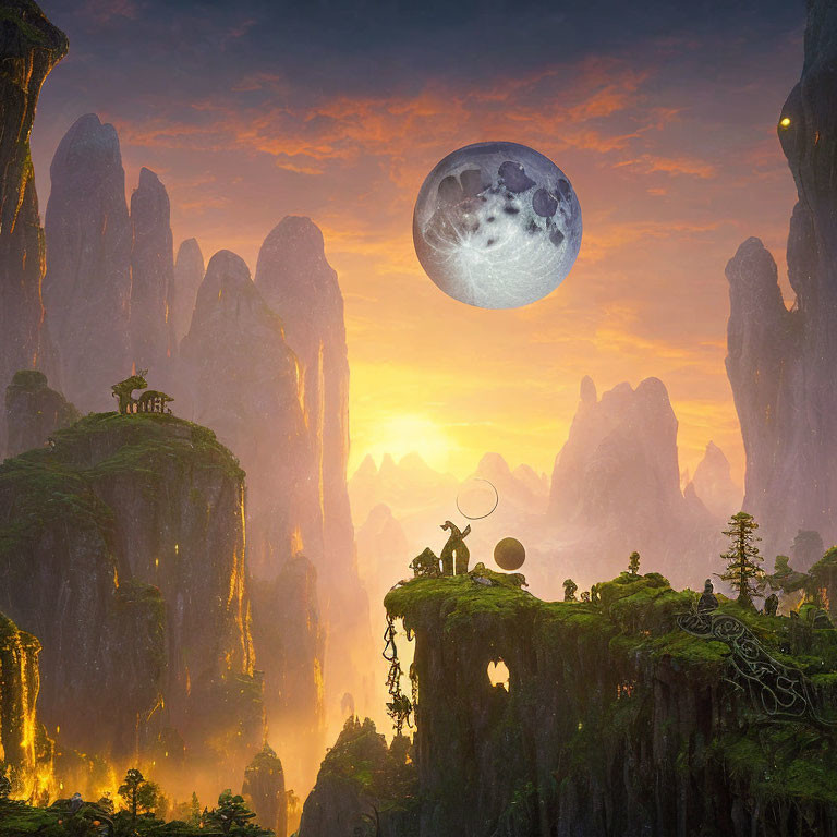 Fantasy landscape with towering rock pillars, large moon, person with staff, lush foliage in golden sunset