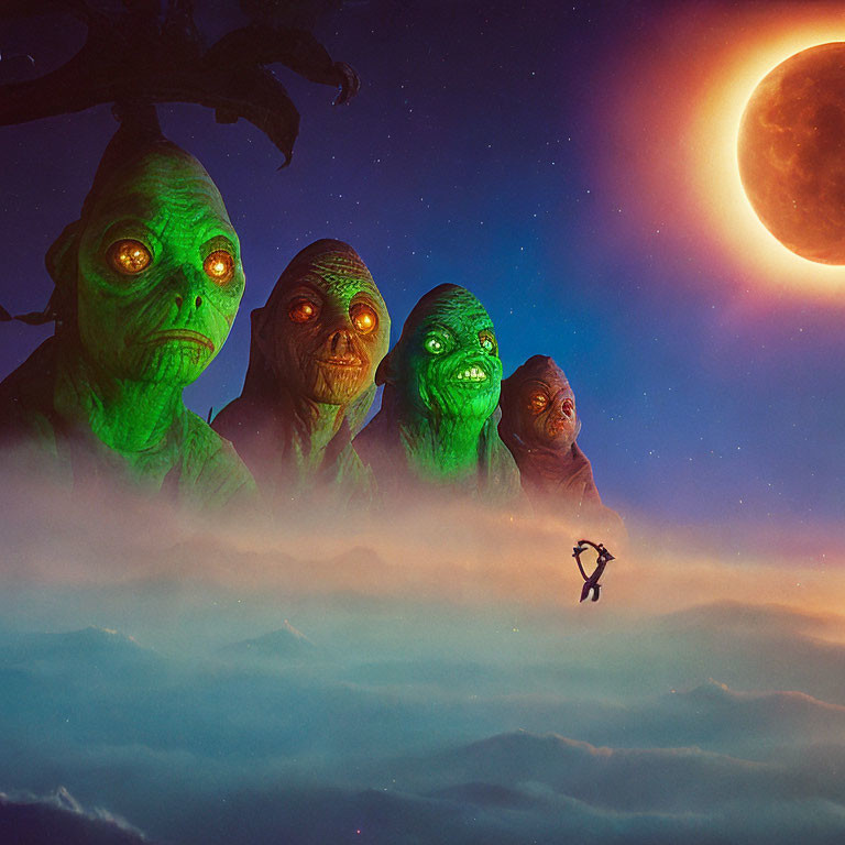 Four green alien heads above clouds at night with full moon, person silhouette below