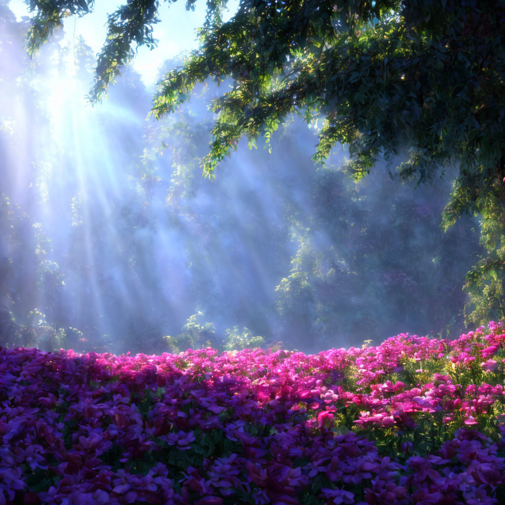 Sunbeams through tree branches on vibrant purple flower field in misty forest