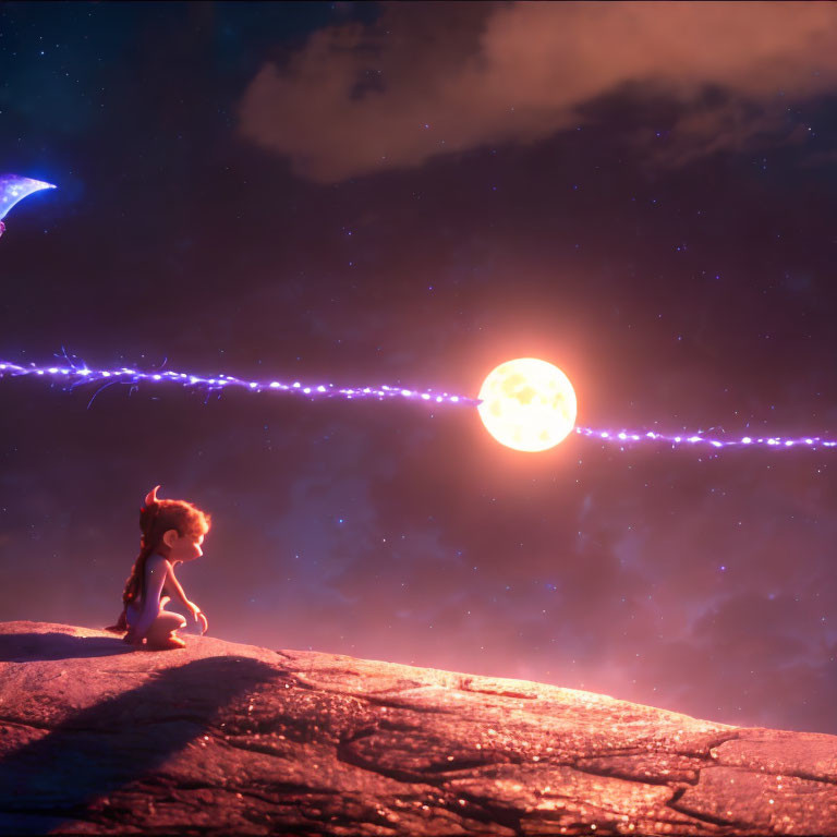 Animated character gazes at night sky on cliff with full moon & cosmic events