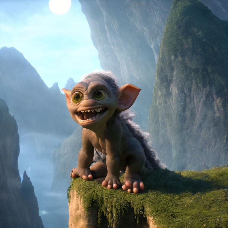 Animated creature with big ears and eyes on mossy rock in cliff setting