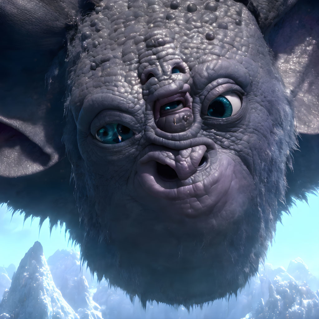 CGI-animated creature with grey skin and blue eyes on icy background