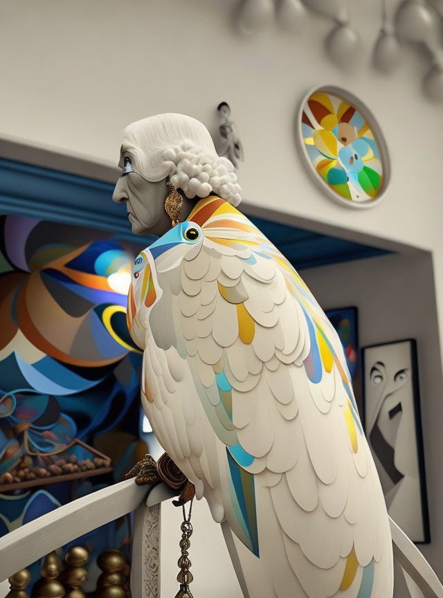 Colorful Parrot Sculpture and Stylized Woman in Modern Art Room