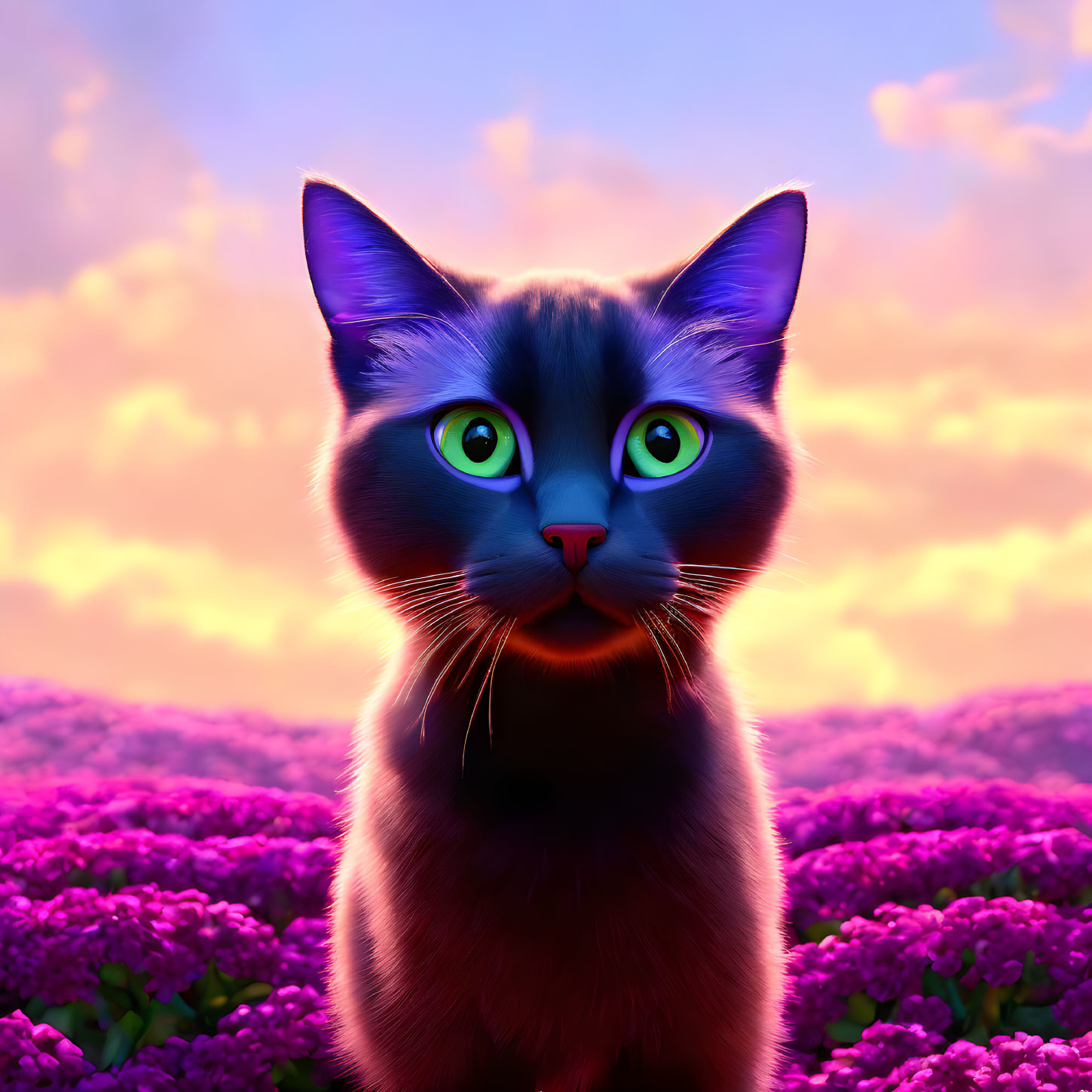 Colorful artistic rendering of a cat with green eyes and purple fur in a vibrant setting.