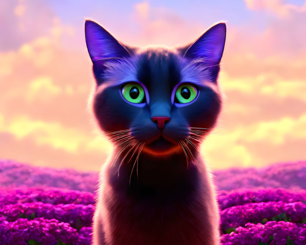 Colorful artistic rendering of a cat with green eyes and purple fur in a vibrant setting.