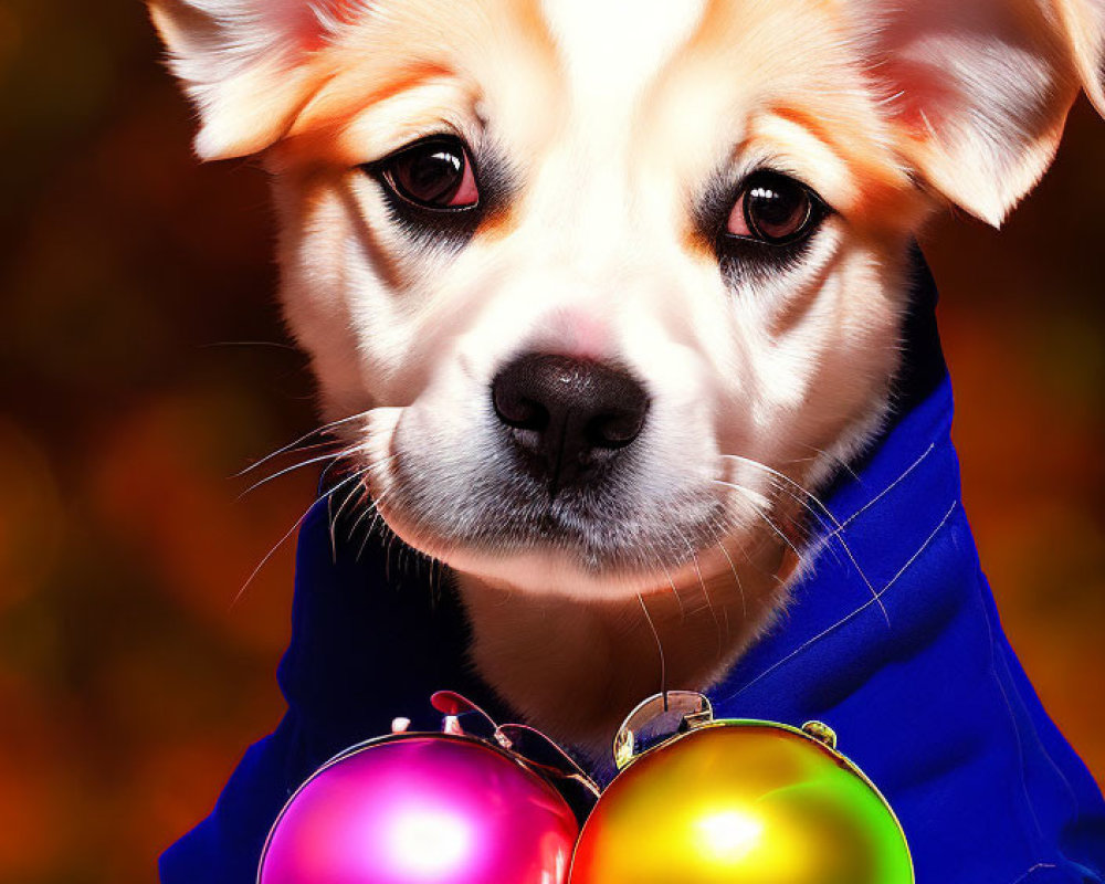 Adorable puppy in blue jacket with baubles in autumn setting