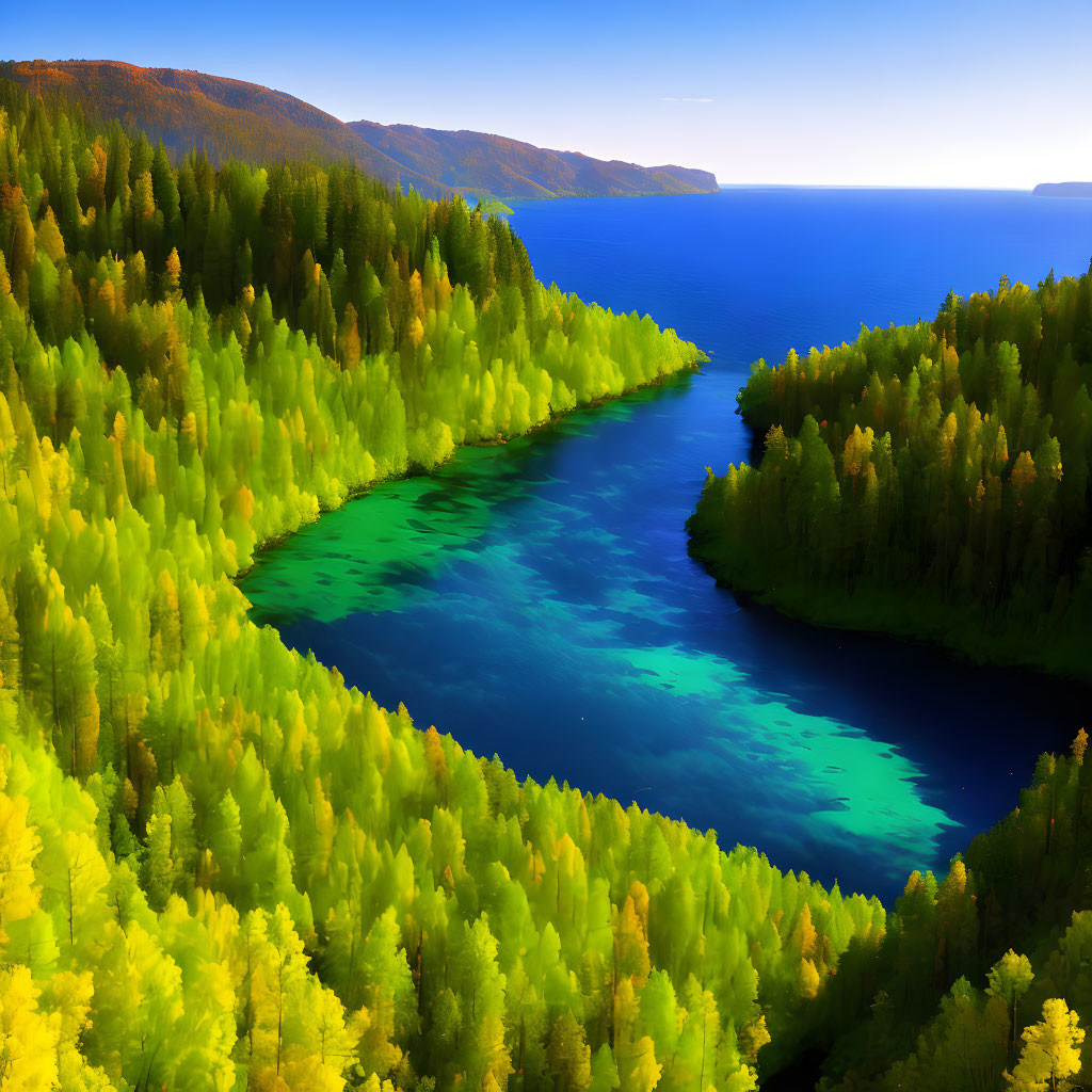 Vivid Blue River Winding Through Colorful Forests & Hills