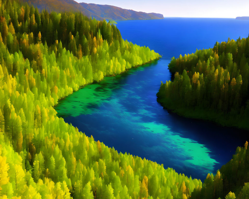 Vivid Blue River Winding Through Colorful Forests & Hills