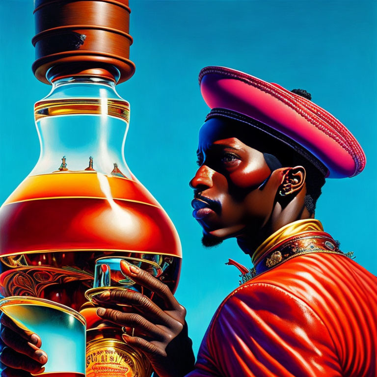 Person in red outfit gazes at ornate bottle against blue sky