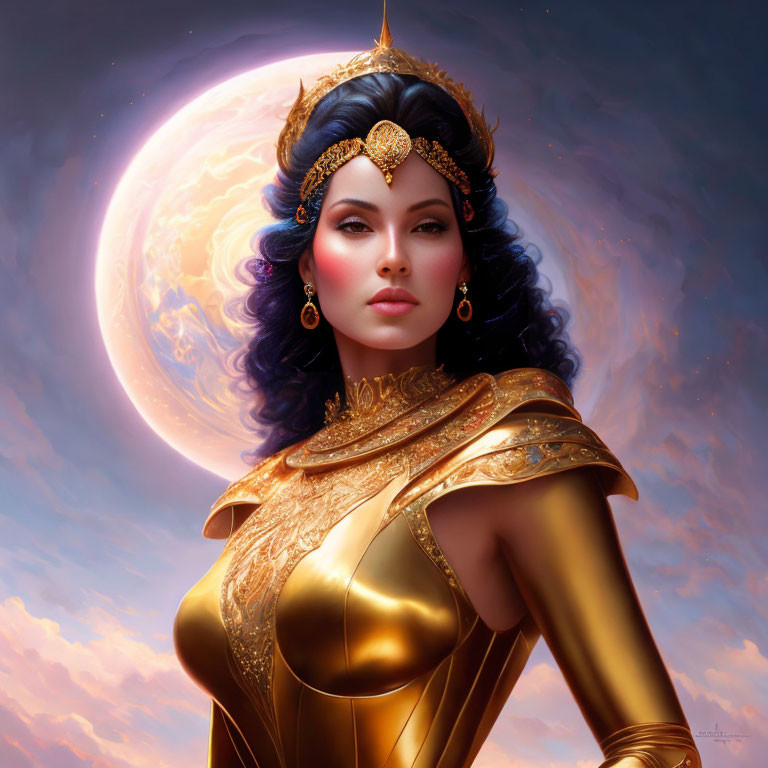 Blue-haired woman in golden armor under purple sky and large moon