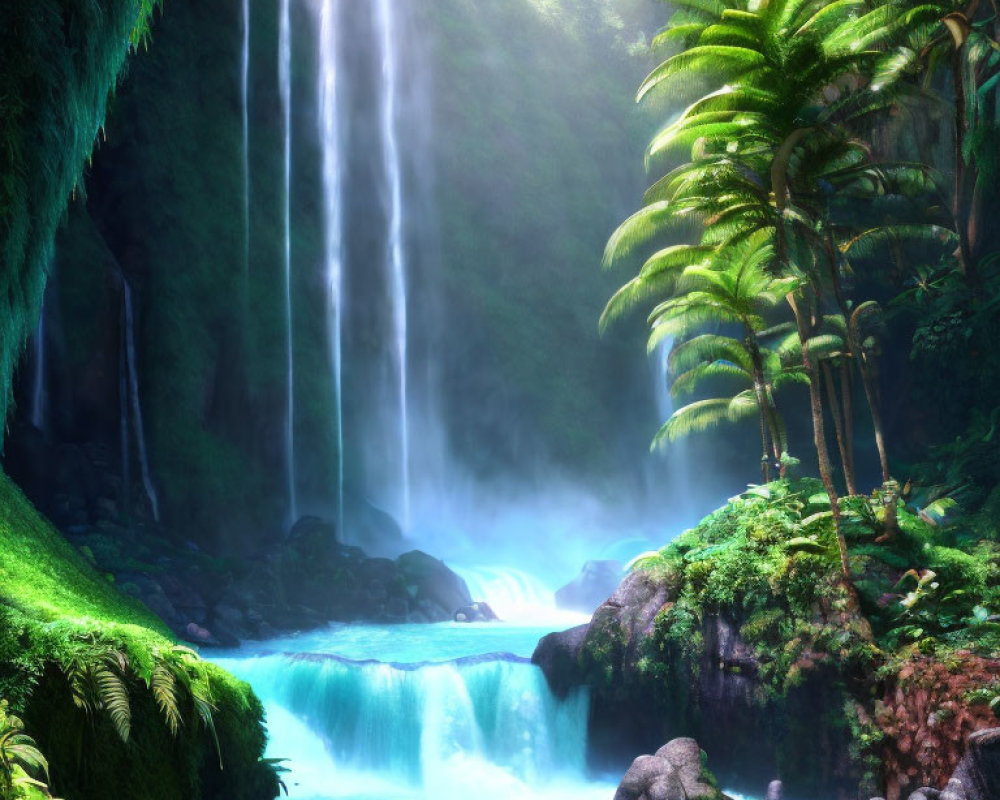 Tranquil waterfall in misty tropical oasis