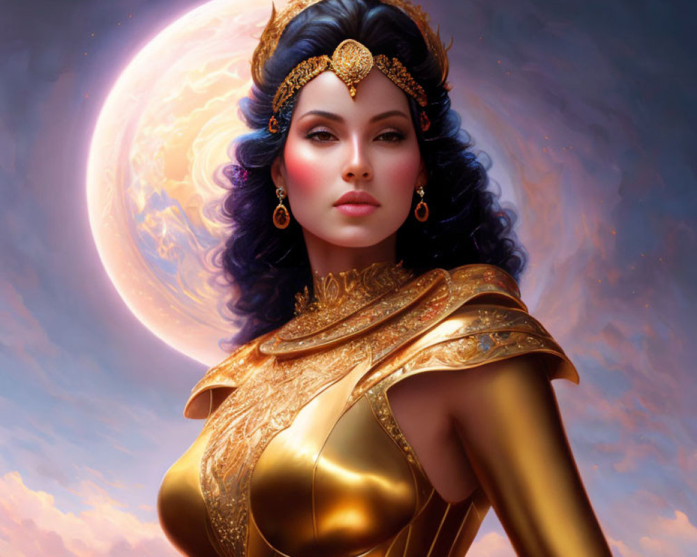 Blue-haired woman in golden armor under purple sky and large moon