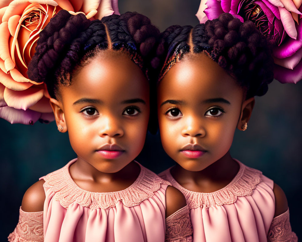 Twin Girls in Matching Pink Dresses with Braided Hair in Front of Pink and Orange Rose Background