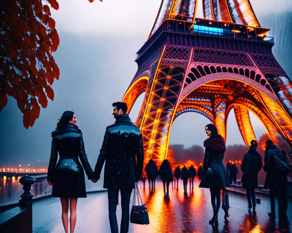 Romantic Couple Holding Hands Eiffel Tower Rainy Evening Scene