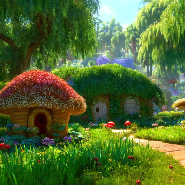 Whimsical mushroom houses in lush forest setting