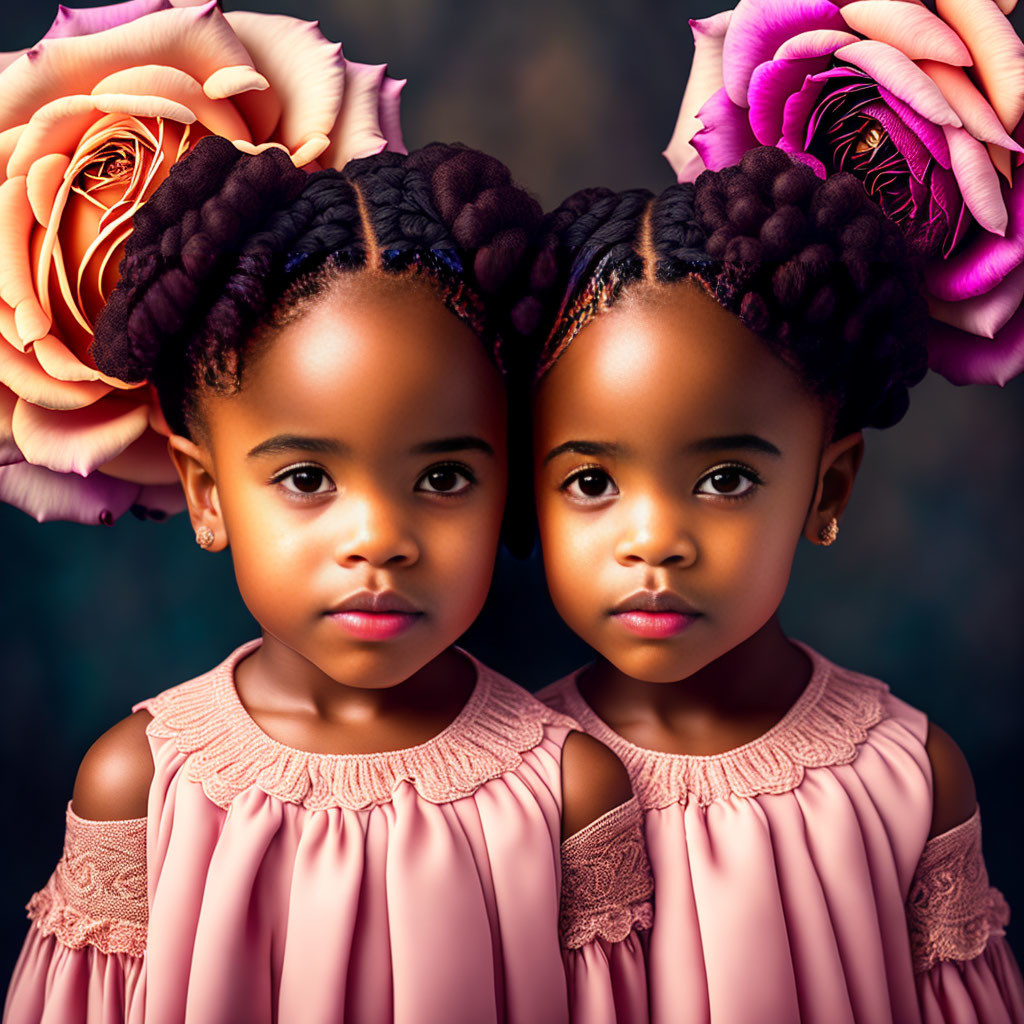 Twin Girls in Matching Pink Dresses with Braided Hair in Front of Pink and Orange Rose Background