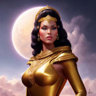 Blue-haired woman in golden armor under purple sky and large moon