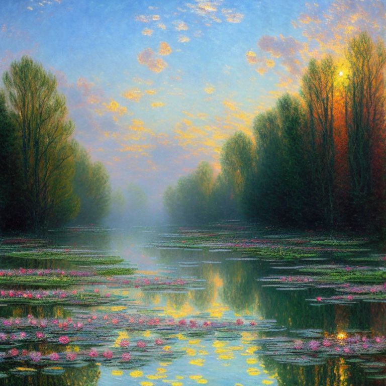 Tranquil lake with water lilies, lush trees, and soft sun glow