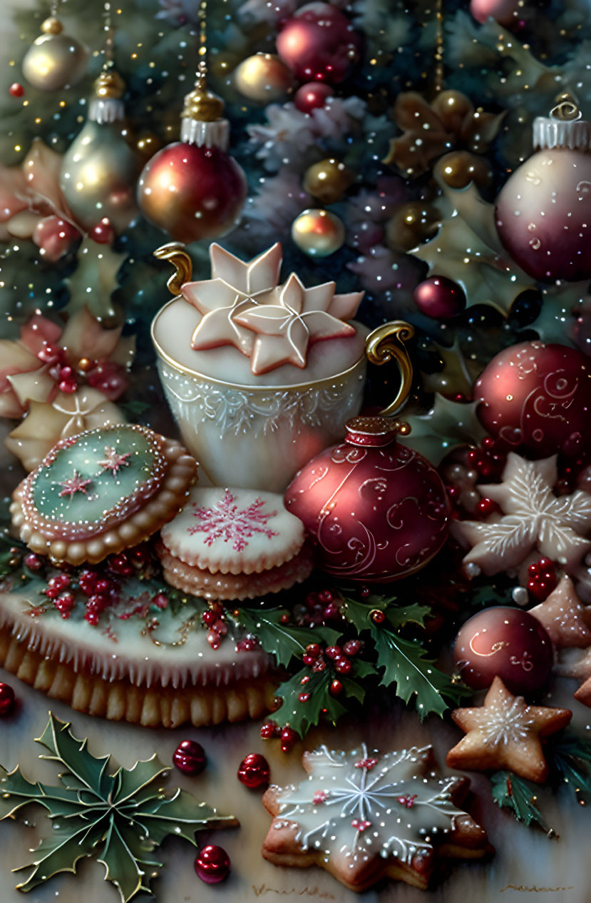 Festive Holiday Scene with Decorated Cup and Cookies