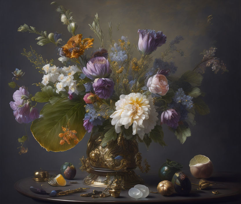 Colorful Flower Bouquet with Fruits and Stones in Ornate Vase