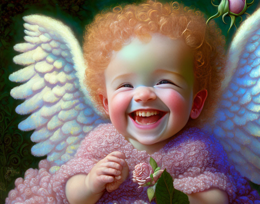 Smiling cherubic baby with red curly hair and wings holding pink rose on green background