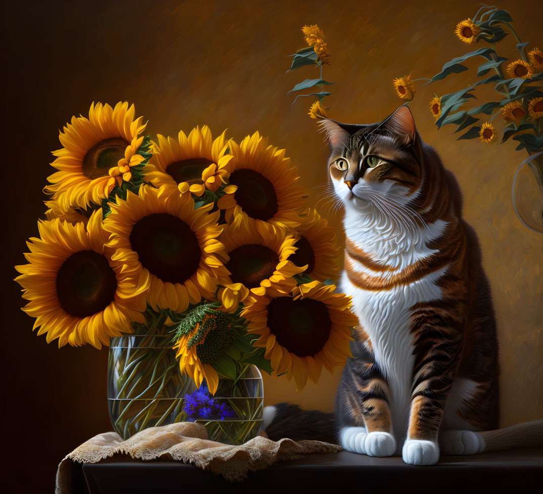 Tabby cat with sunflowers and yellow flowers on table