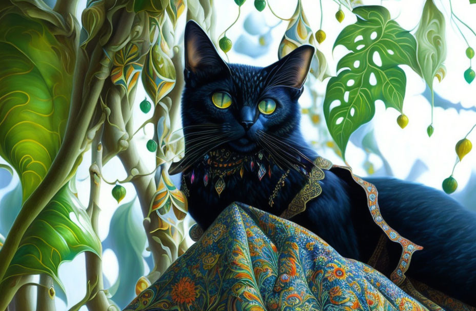 Black Cat with Yellow Eyes and Jeweled Collar on Patterned Fabric with Green Foliage