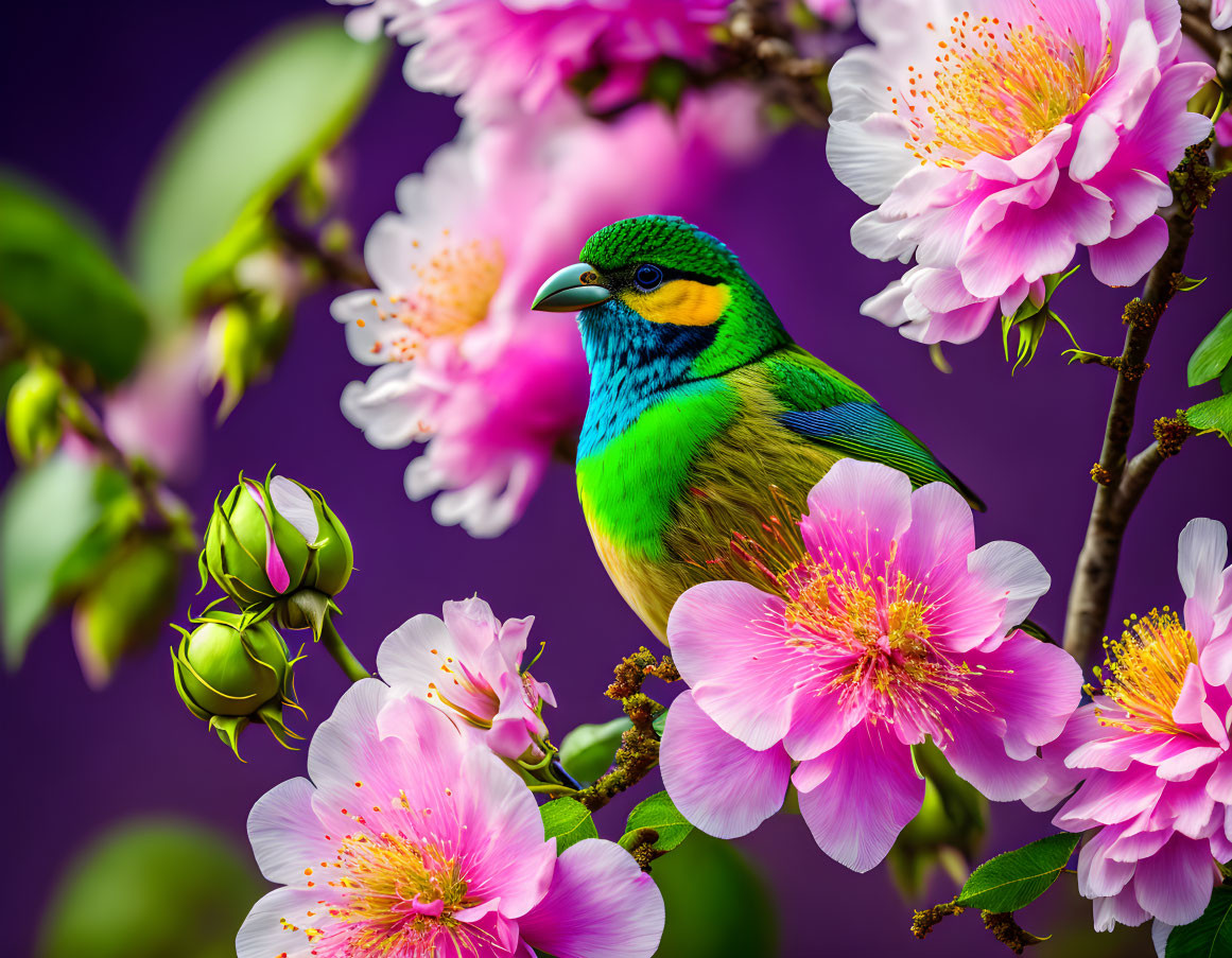 Colorful Bird Among Pink Flowers on Purple Background