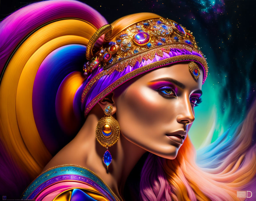 Colorful digital artwork of woman with flowing hair and ornate jewelry on cosmic background