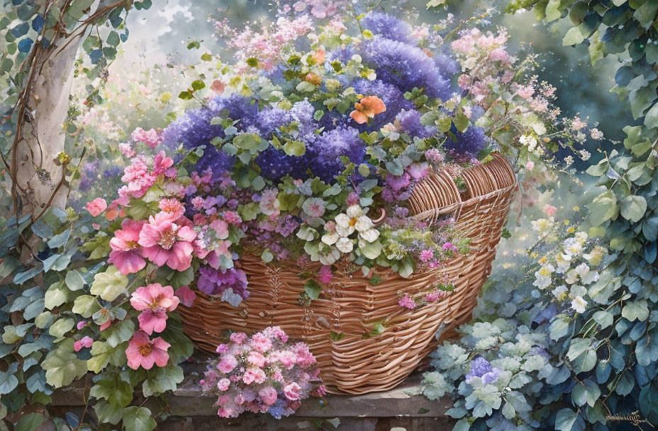 Colorful Flower Basket Painting Surrounded by Greenery