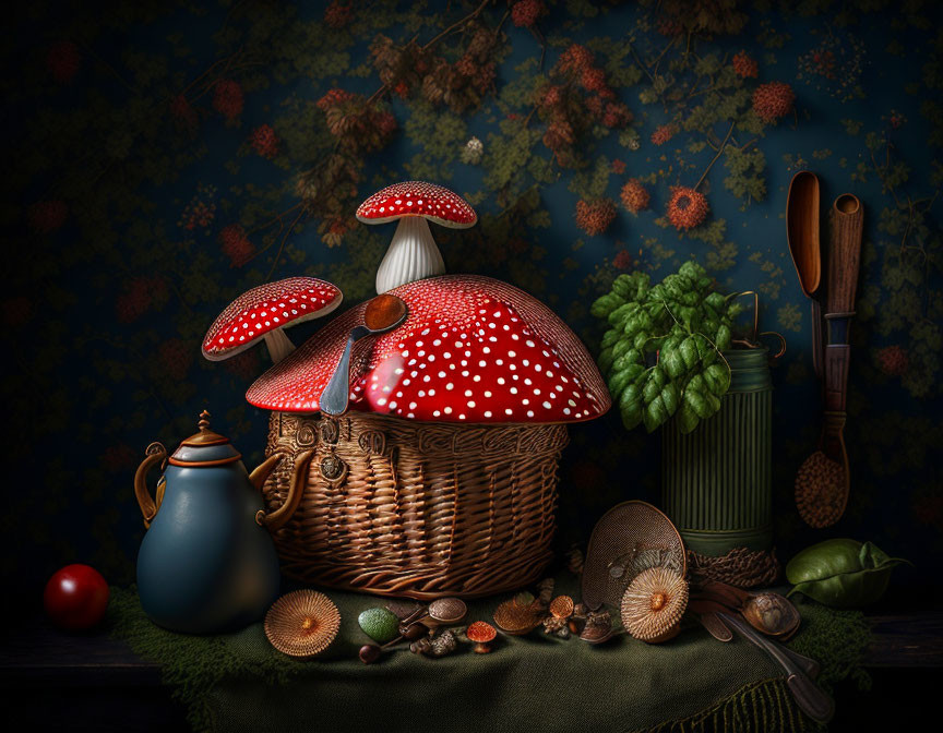 Whimsical still life with mushroom-shaped basket and cooking utensils