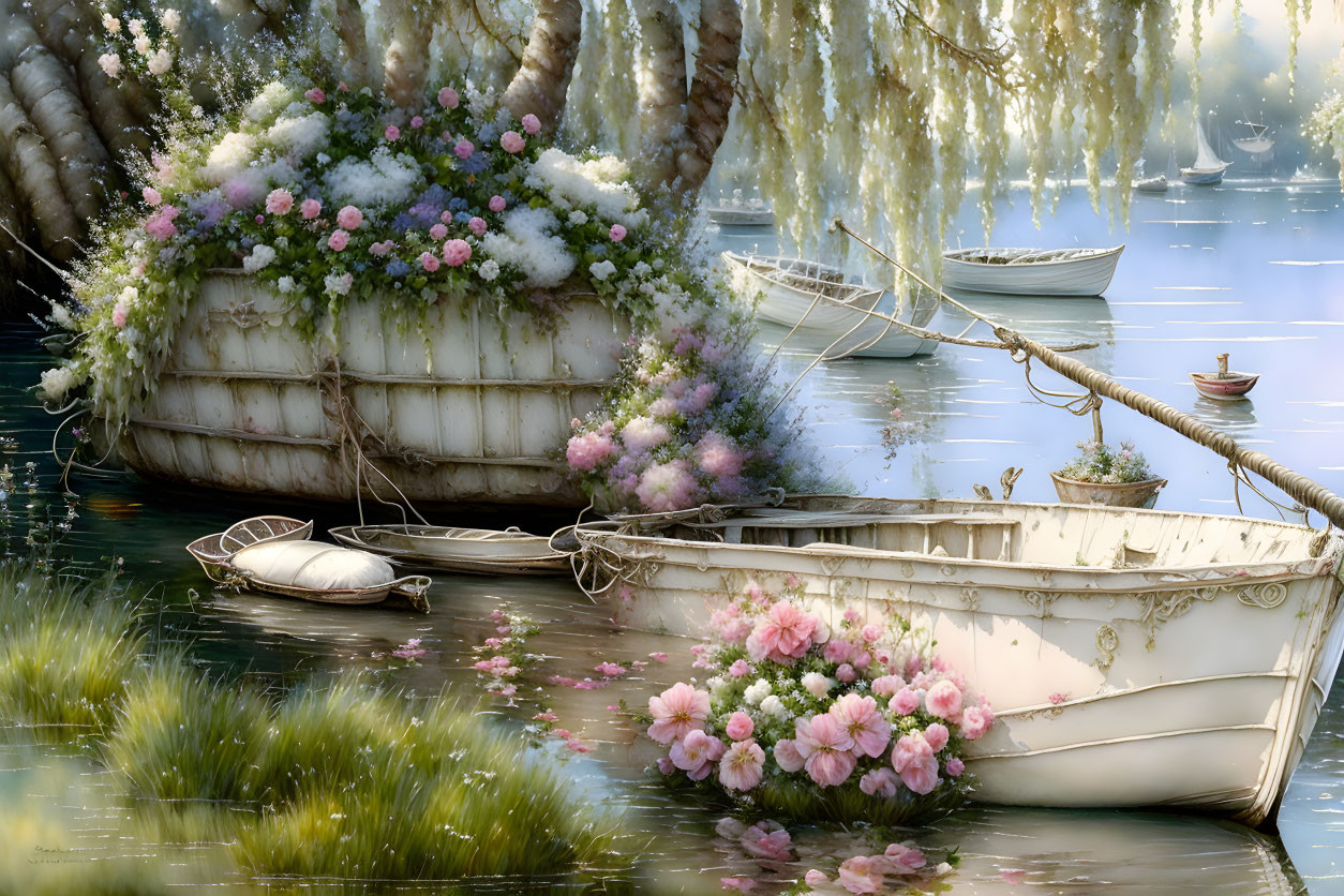 Flower-filled boats on tranquil lake under weeping willows