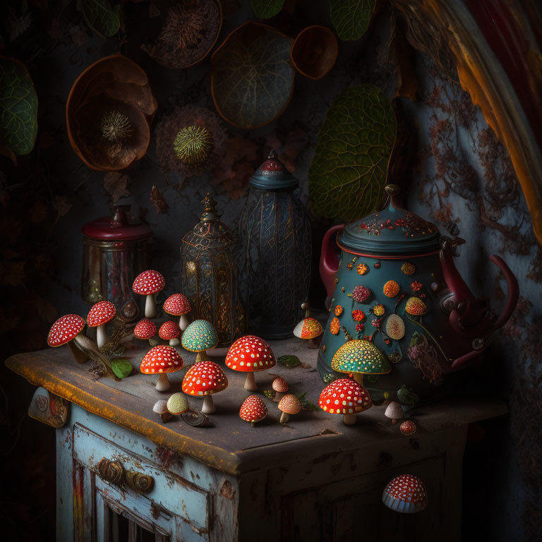 Vintage Mushroom Arrangement on Antique Table with Teapot and Lanterns