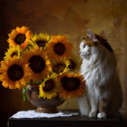 Tabby cat with sunflowers and yellow flowers on table