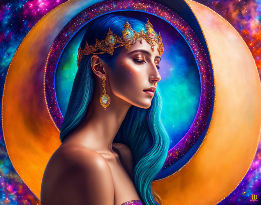 Woman with Blue Hair and Golden Tiara in Cosmic Setting with Celestial Rings