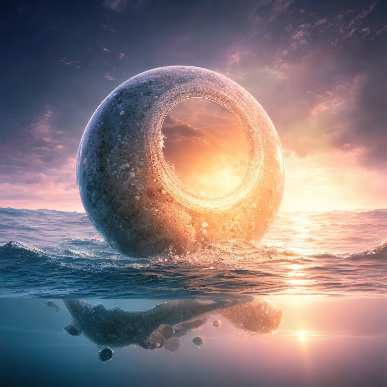 Surreal image of giant moon-like sphere over calm sea