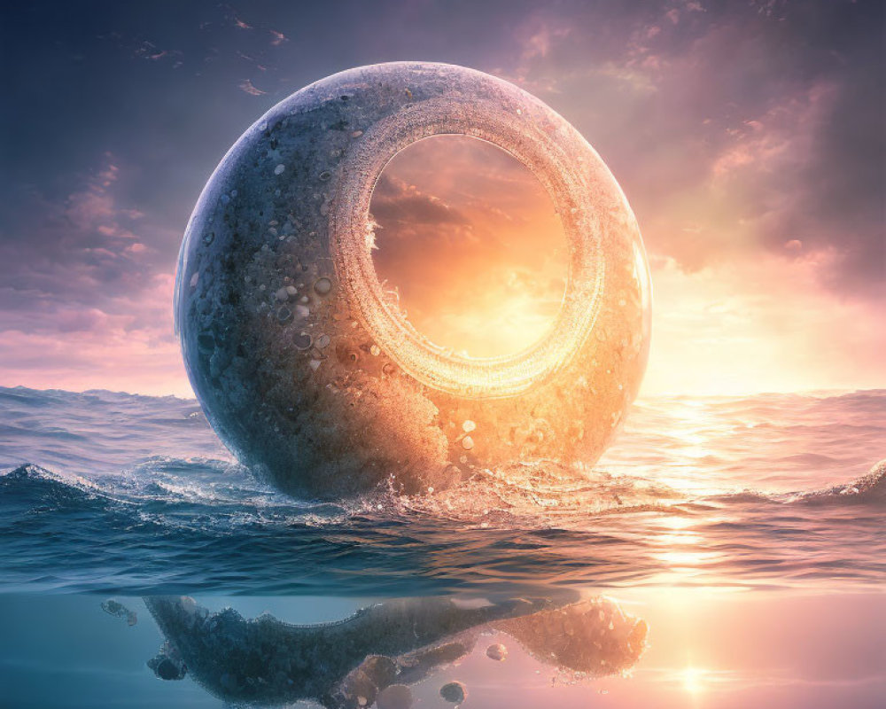 Surreal image of giant moon-like sphere over calm sea