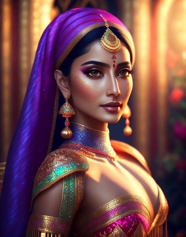 Digital Artwork: Woman in Purple Headscarf and Indian Attire