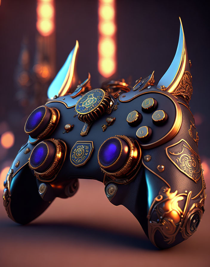 Detailed Ornate Gaming Controller with Golden Accents and Glowing Blue Buttons