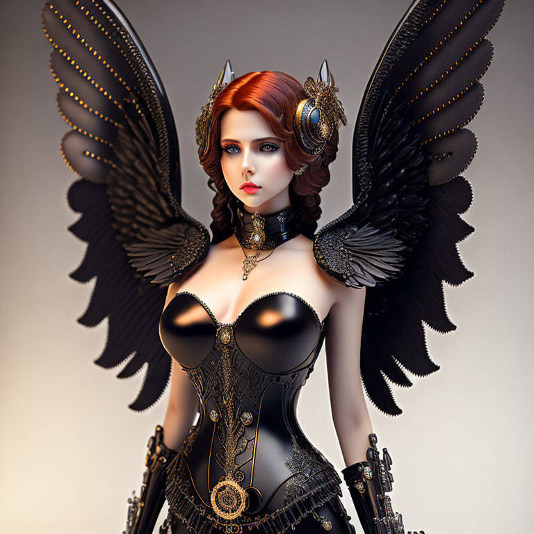 Steampunk-themed woman with mechanical wings and red hair portrait.