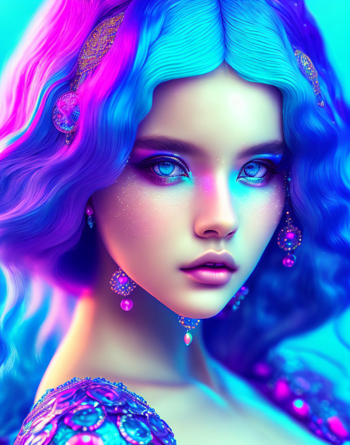 Vibrant surreal portrait of woman with blue and purple hair and jeweled adornments