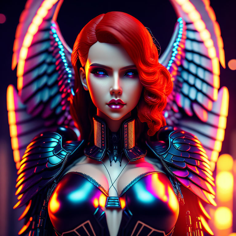 Futuristic digital artwork: Female figure with red hair, cybernetic wings, and neon-l