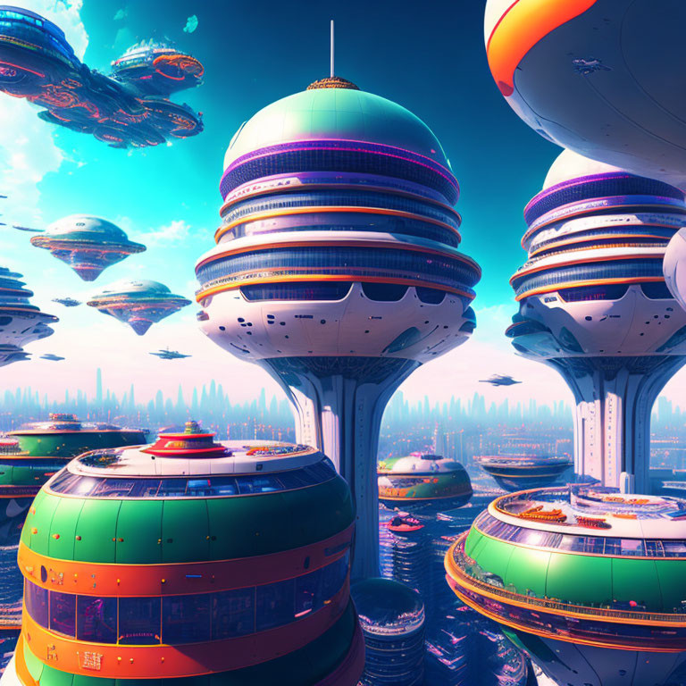 Colorful spherical buildings in futuristic cityscape with flying vehicles