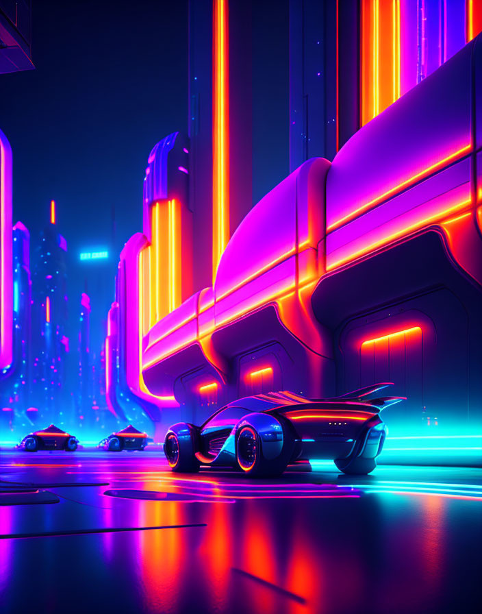 Nighttime Futuristic Cityscape with Neon Lights and Skyscrapers