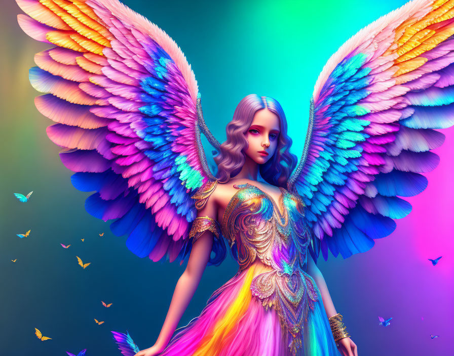 Colorful illustration of woman with angel wings and butterflies on gradient backdrop