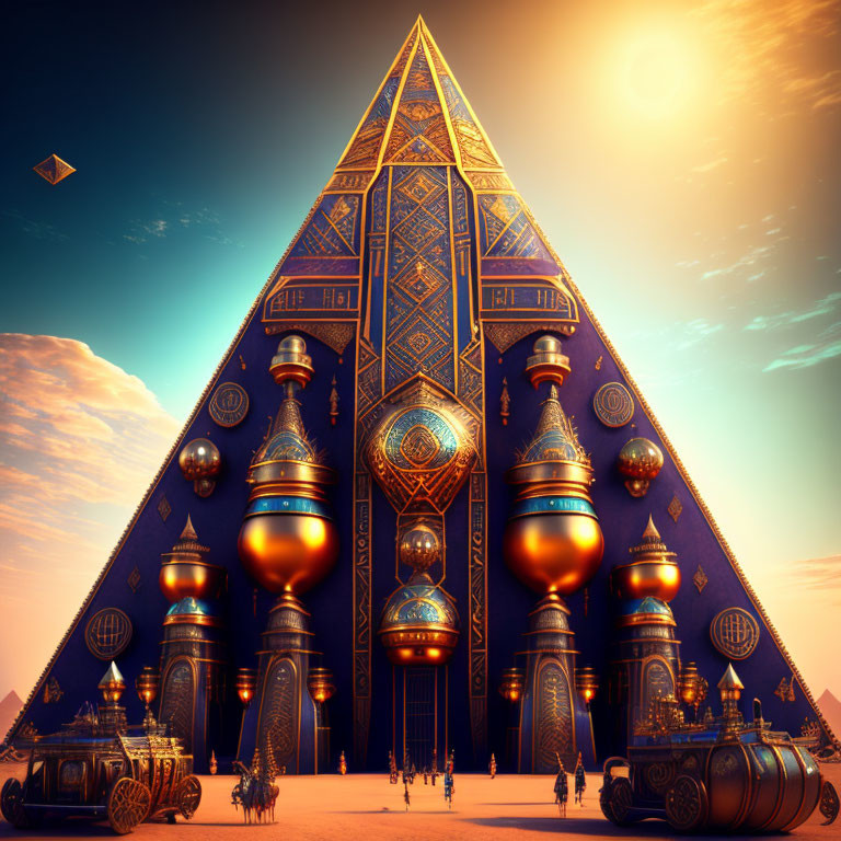 Ornate glowing pyramid in steampunk setting at sunset