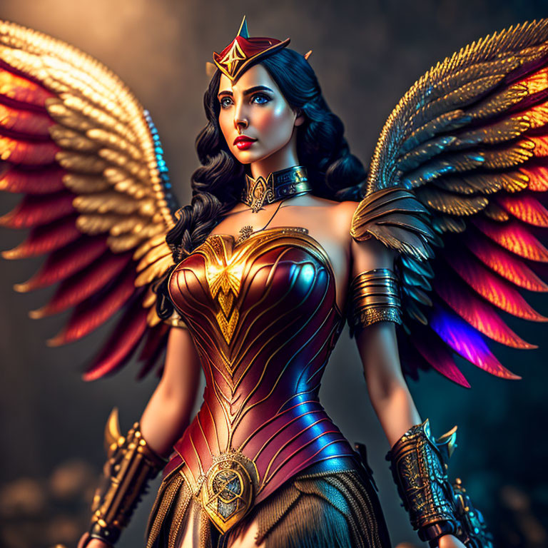 Vibrant Wonder Woman figure with golden armor and multicolored wings