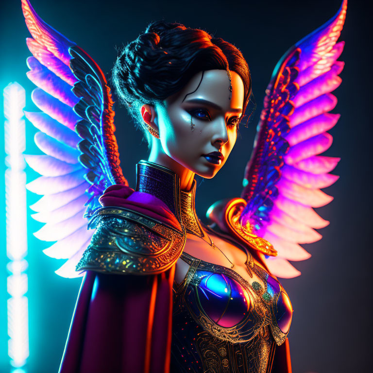 Digital artwork: Woman in futuristic armor with angelic wings on neon background