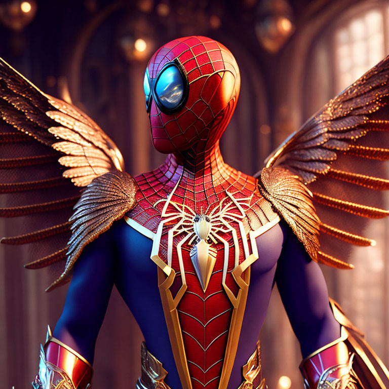 Stylized Spider-Man Character in Red and Gold Suit with Golden Wings