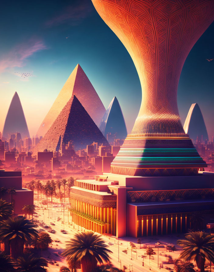 Futuristic cityscape featuring advanced pyramids and towering structures blending ancient Egyptian and sci-fi architecture.